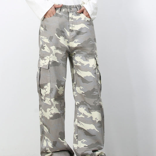 Mens Retro Camo Cargo Denim Jeans With Big Pockets