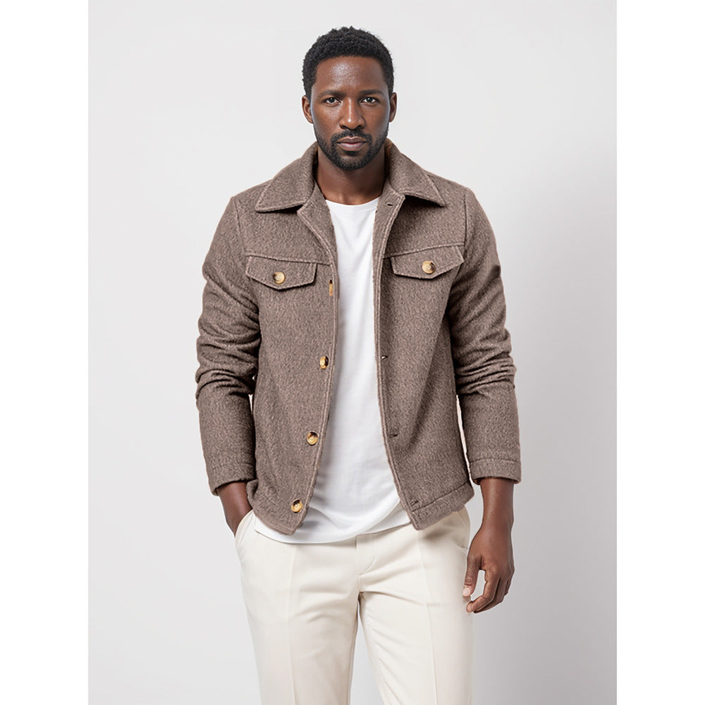 Mens Trendy Wool Coat With A Single-breasted, Solid-color Design