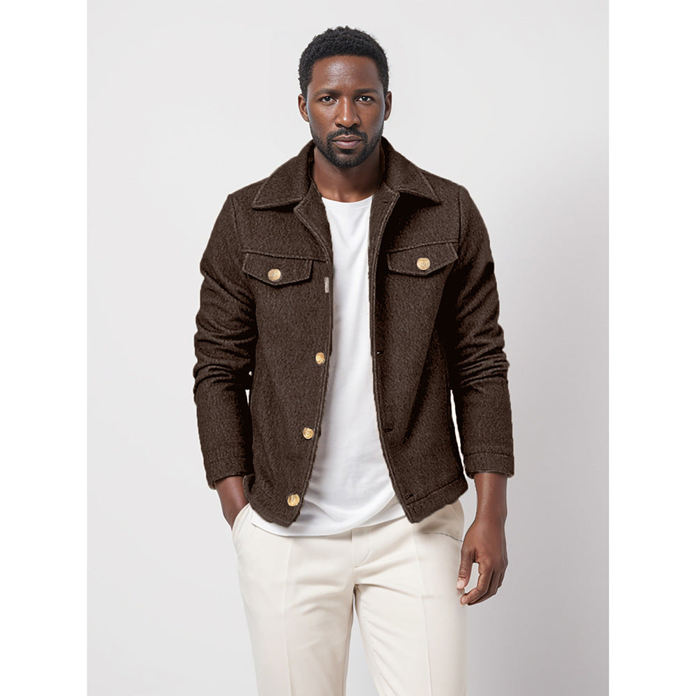 Mens Trendy Wool Coat With A Single-breasted, Solid-color Design
