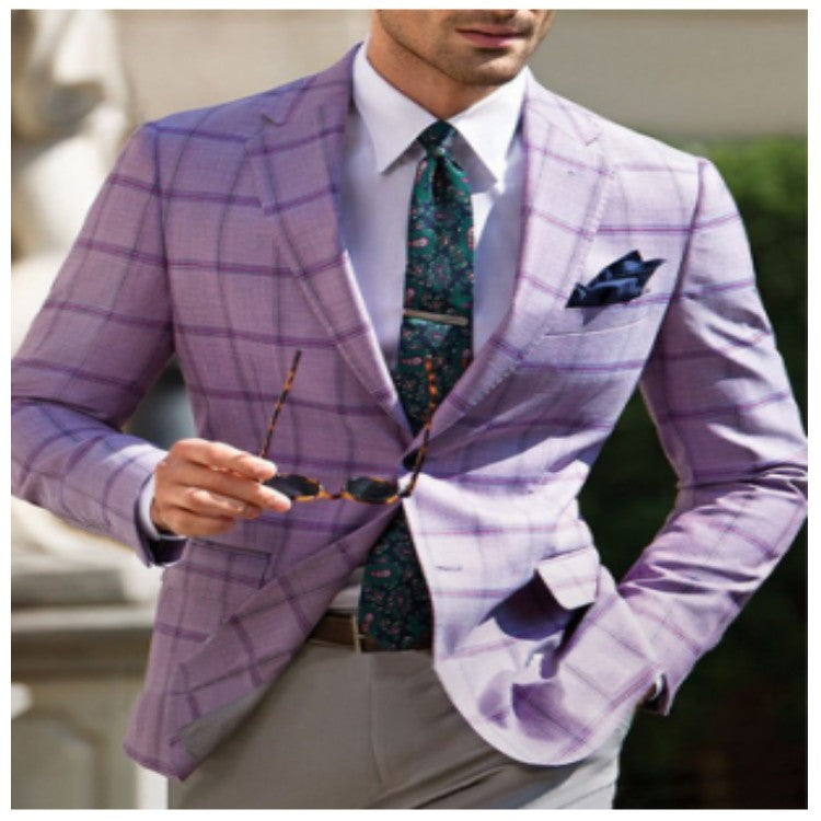 Mens Casual Plaid Slim-fit Suit Jacket