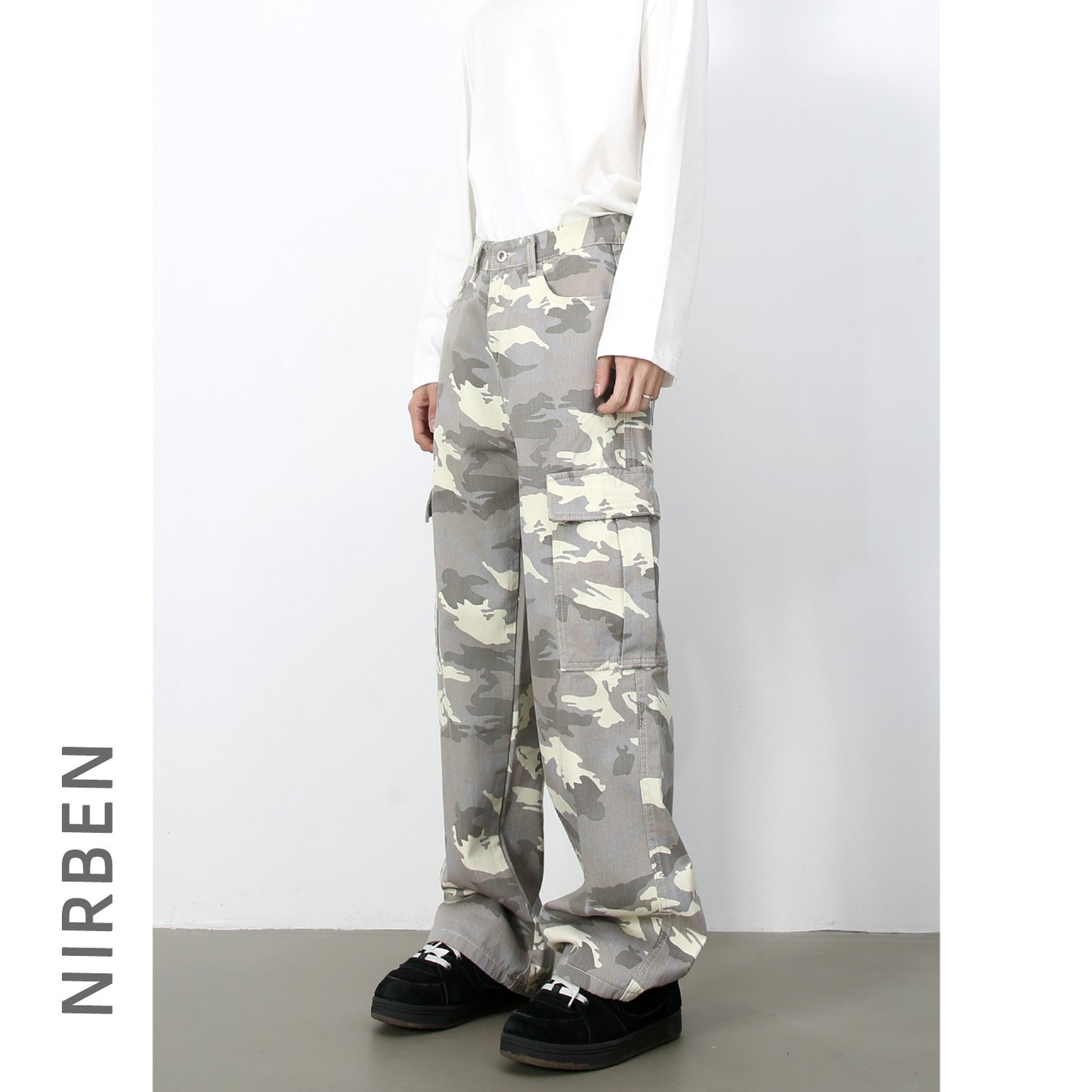Mens Retro Camo Cargo Denim Jeans With Big Pockets