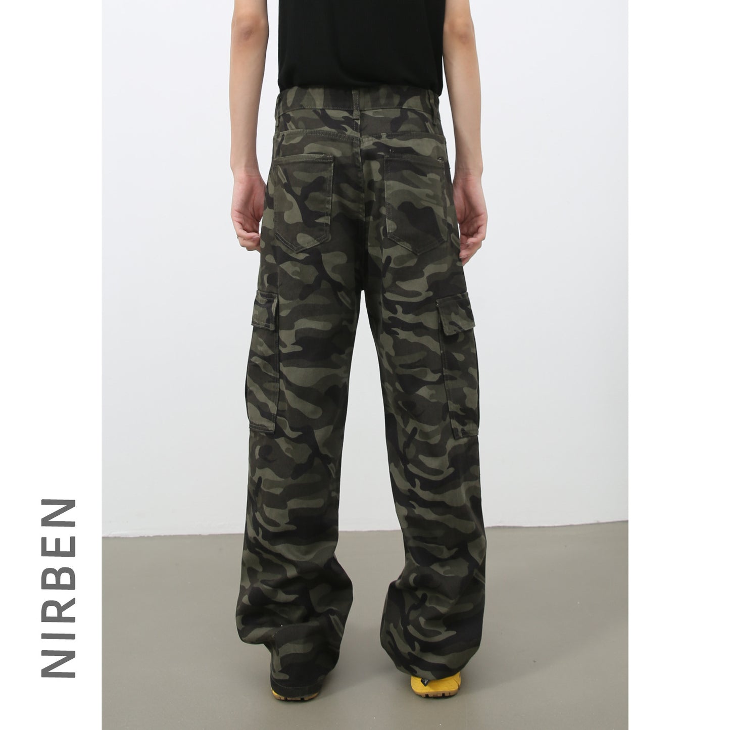 Mens Retro Camo Cargo Denim Jeans With Big Pockets