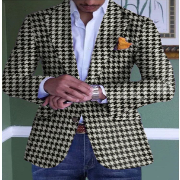 Mens Casual Plaid Slim-fit Suit Jacket