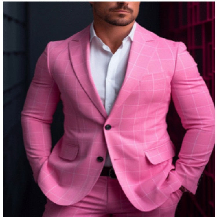 Mens Casual Plaid Slim-fit Suit Jacket