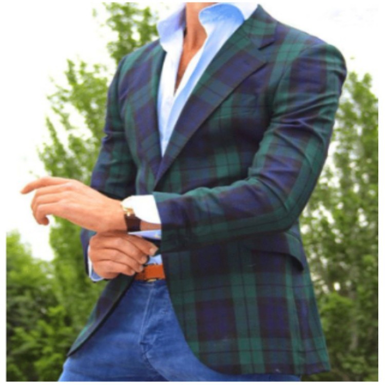 Mens Casual Plaid Slim-fit Suit Jacket