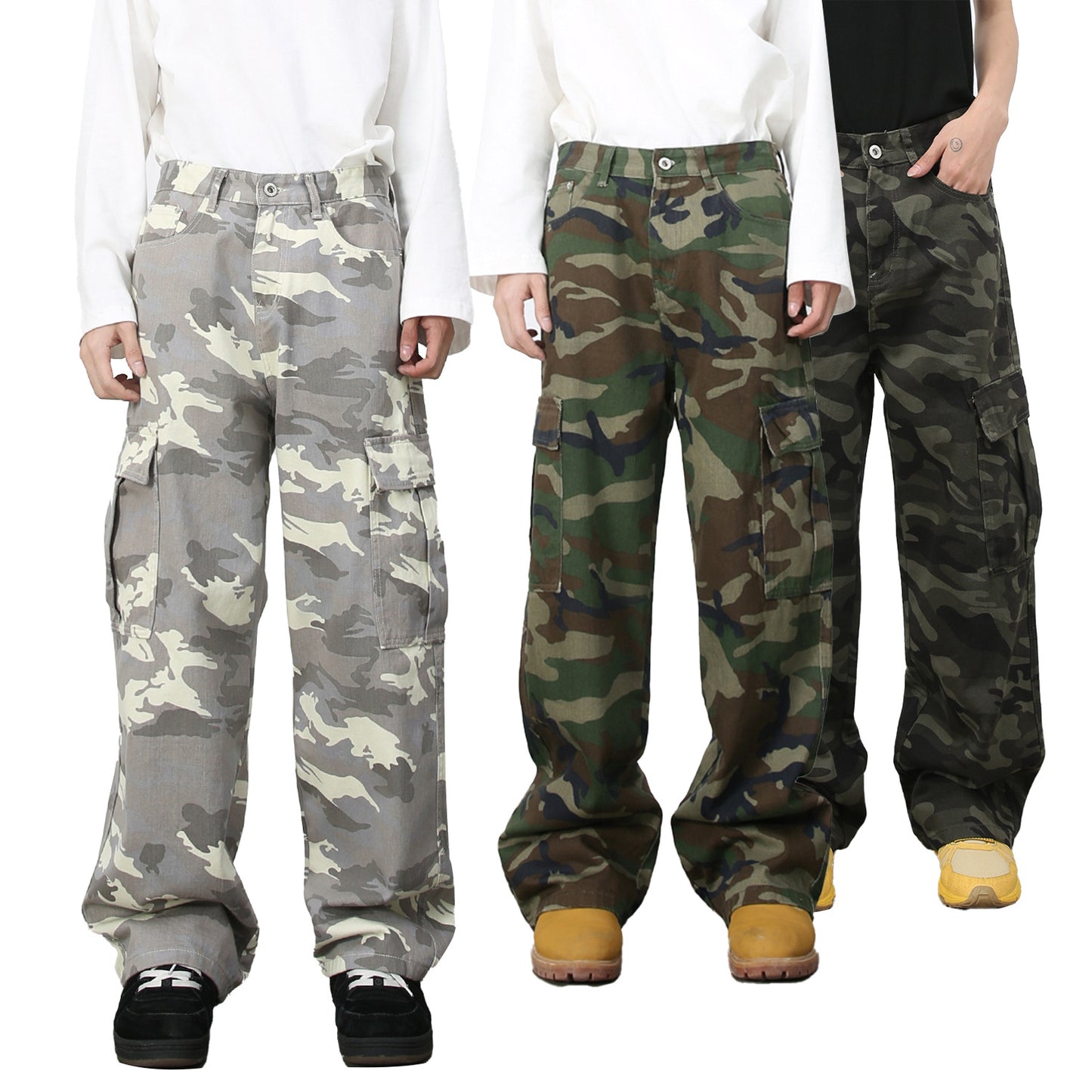 Mens Retro Camo Cargo Denim Jeans With Big Pockets